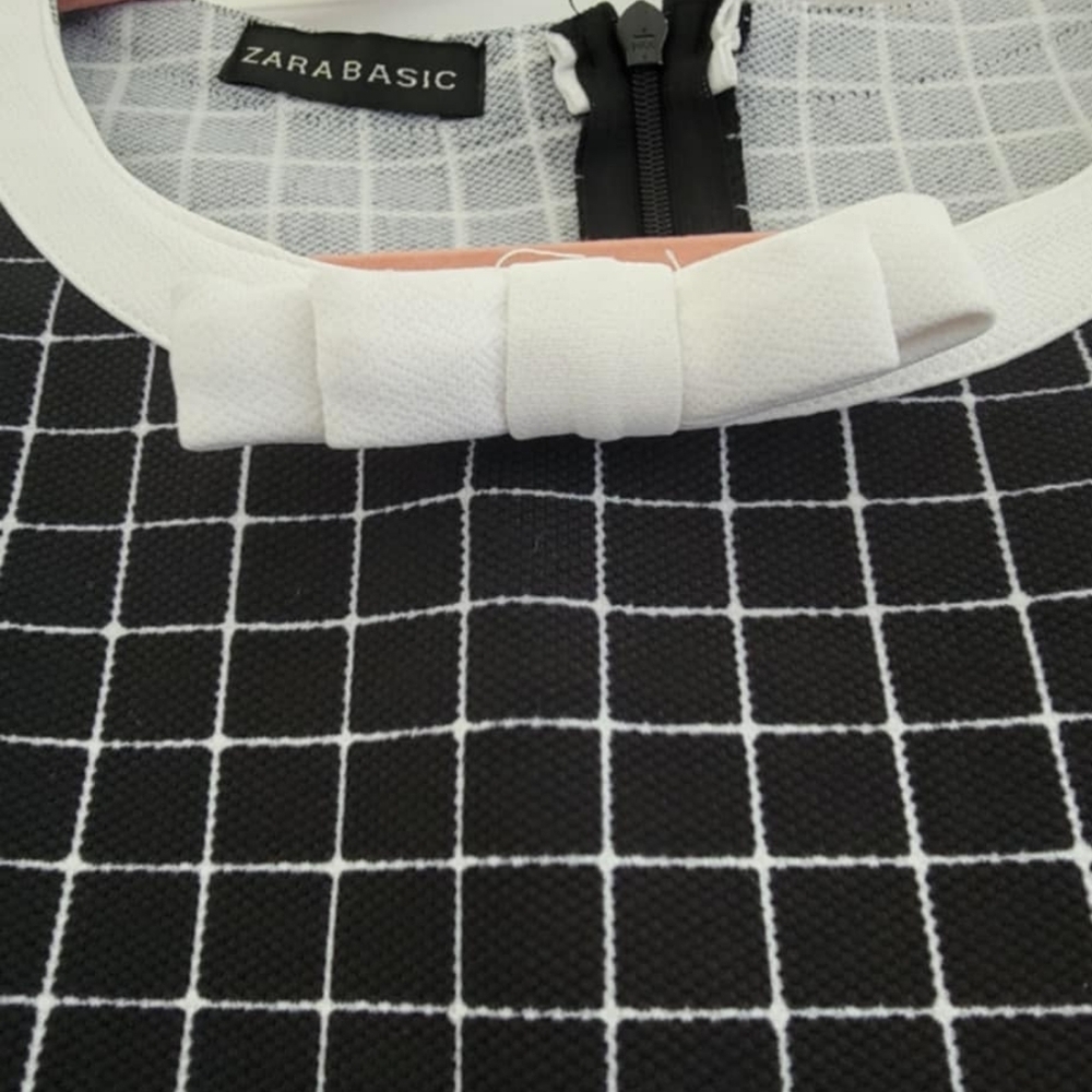 Zara Black & White Check Mini Dress Bow Detail Pockets Preppy Chic Size S - Picture 2 of 6